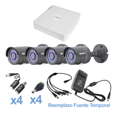 Sistema TURBO HD720p, Incluye DVR 4ch / 4 cÃ¡maras balas (interior - exterior 3.6mm) / Transceptores / Conectores / Fuente de poder profesional
